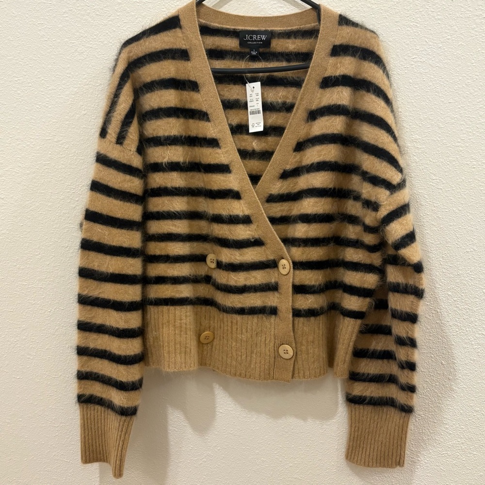 J. Crew Tan and Black Striped Cashmere Cardigan Sweater